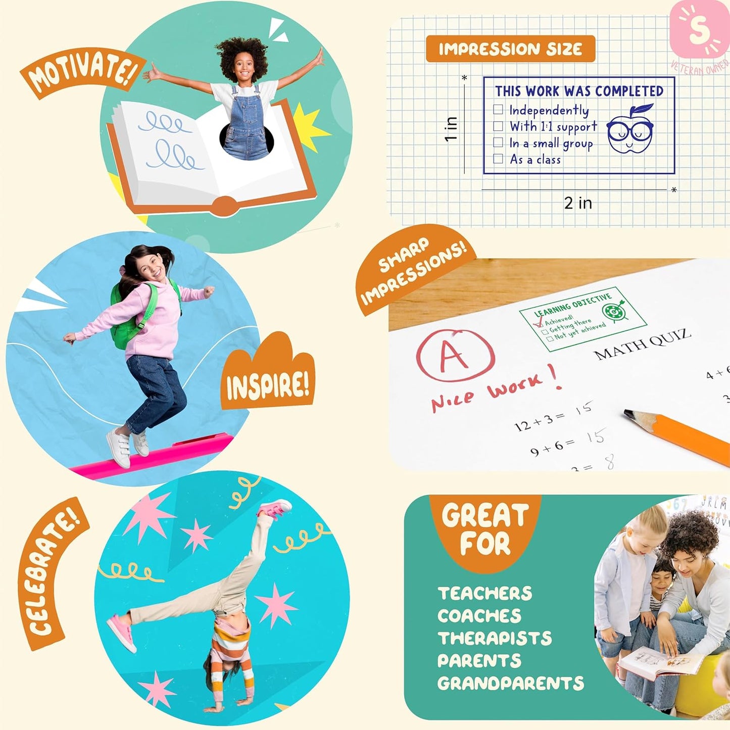 2 Self-Ink Flash Stamp Set, Multicolor Teacher Stamps for Classroom, Stamps for Teachers, Pre-Inked, Refillable Stamps