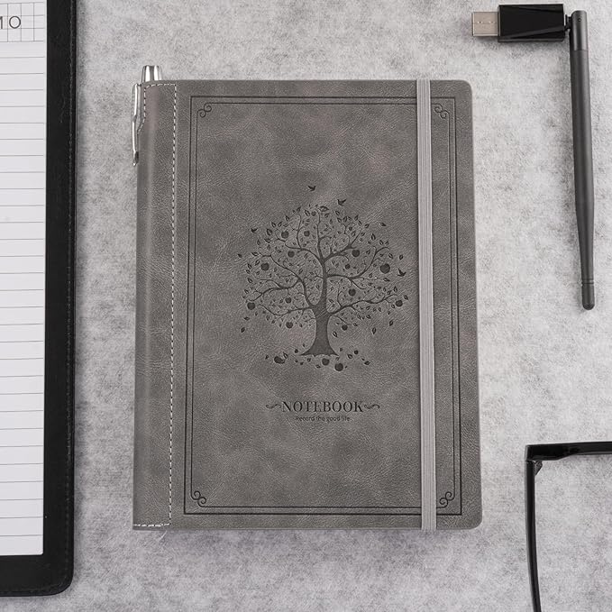 Lined Notebook Journal for Women Men 320 Pages A5 Hardcover Leather with Pen Holder College Ruled Journals for Work Note Taking Travel School Gray