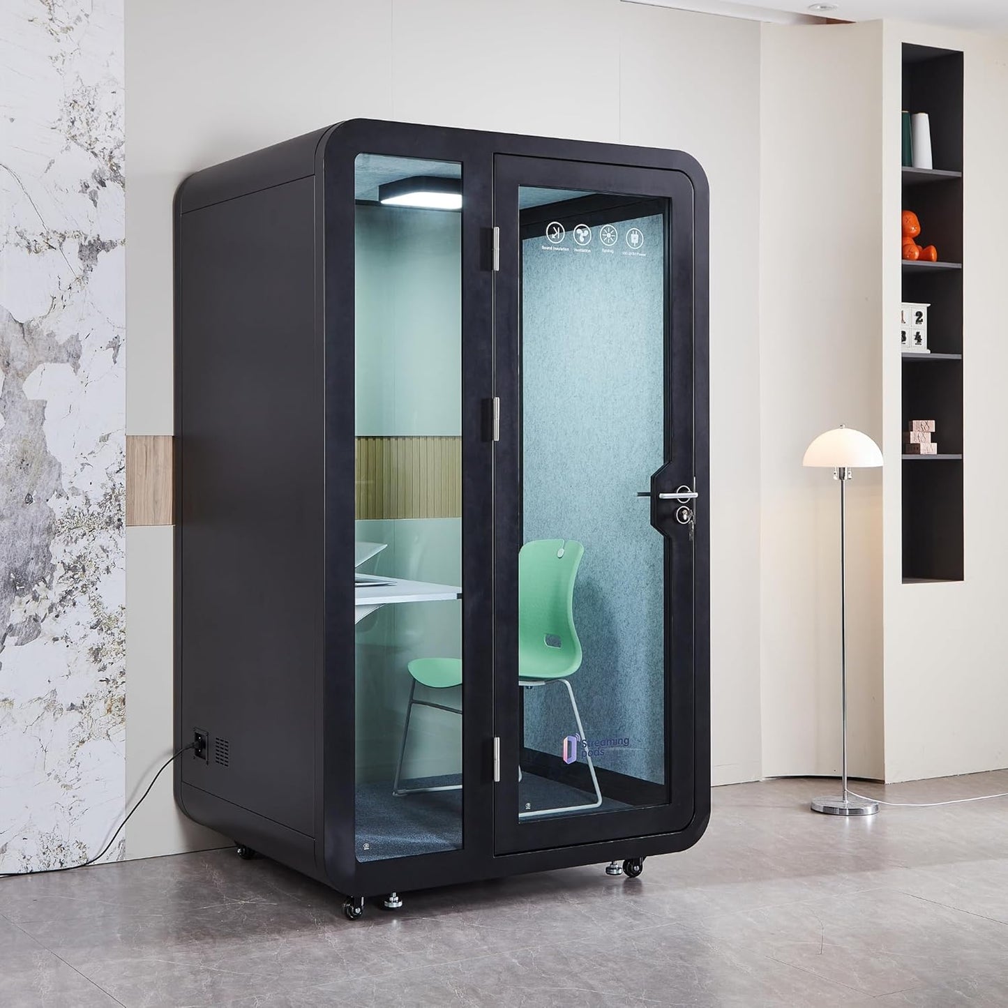 GEARONIC Mobile Office Pod Booth, Sound Proof Booth for Home, Mobile Roller with Desk, LED Light, Fans and AC USB Ports (Black Obsidian)