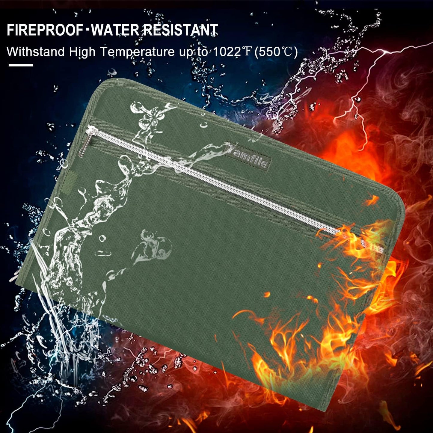 Fireproof Safe Accordion File Organizer Bag Folder,Waterproof Expanding Filing Folder with 14 Pockets, A4 Letter Size, Document Organizer Holder and Color Labels /2 Zipper (Green 14.3" x 9.8")