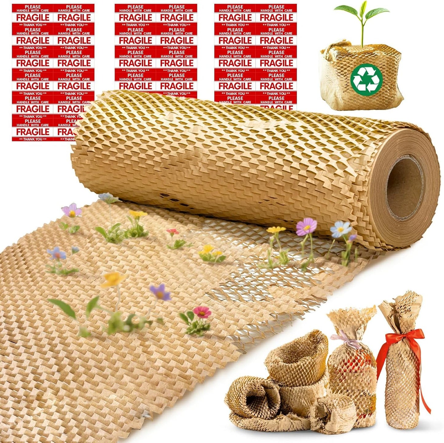 Honeycomb Packing Paper, 12"x100' Brown | Perforated Honeycomb Packing Paper Recyclable Moving Supplies for Shipping & Moving | Plastic-Free Alternative to Bubble Cushion Wrap with 36 Fragile Stickers