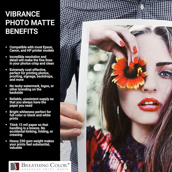 Vibrance Matte Photo Printer Paper 12 mil 230 gsm Matte Finish Premium Photo Paper Roll on 3in Core 36 inches x 100 ft Works with Most Inkjet Printer Professional Makes and Models Like Epson Canon HP
