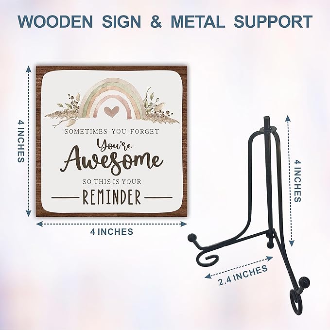 Boho Rainbow Wooden Sign -You Are Awesome Positive Reminder Motivational Wood Plaque With A Support Frame - Home & Office Inspirational Gifts For Women And Man, Desk Decor & Accessories - A13