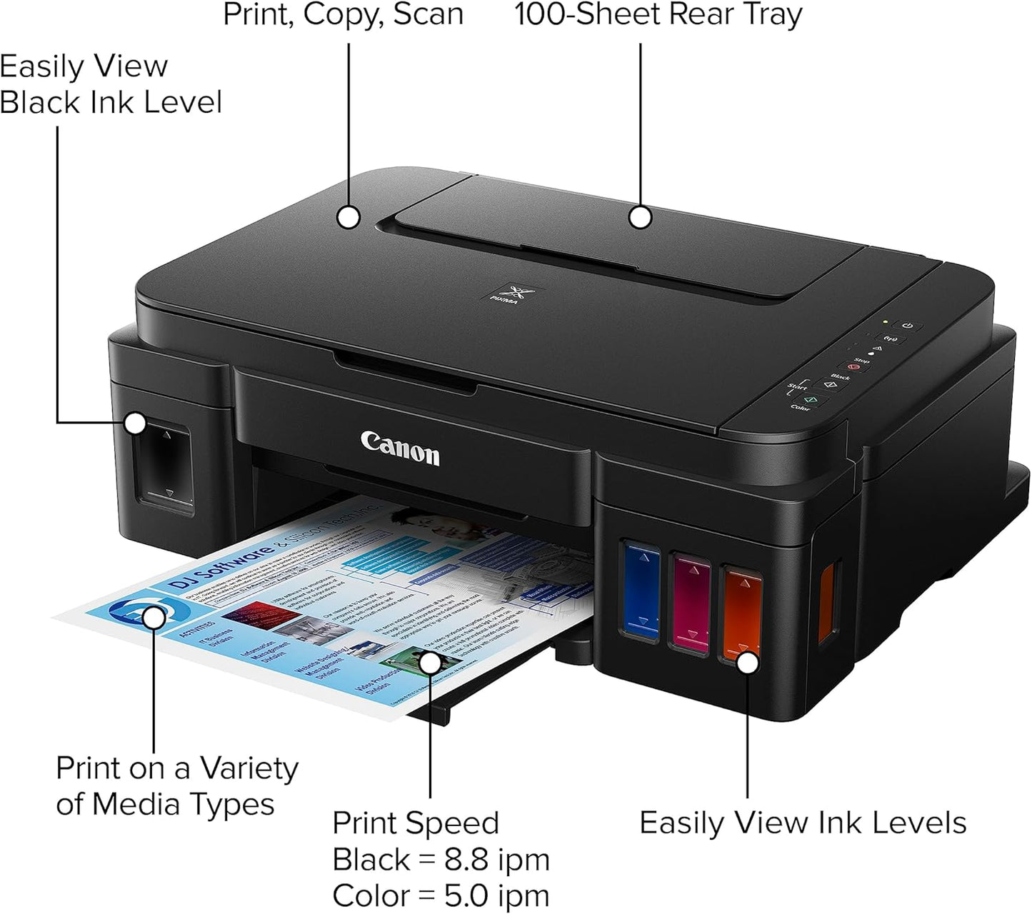 Canon G3200 All-In-One Wireless Supertank (MegaTank) Printer| Copier| Scanner| and Mobile Printing, Black, 6.5" x 17.6" x 13" (0630C002)