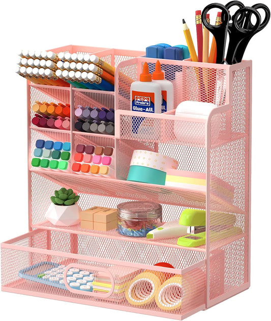 Mesh Pen Organizer for Desk, Multi-Functional Pencil Holder with Drawer Desk Organizers, Large Capacity Storage for School Office Home Supplies (Pink)