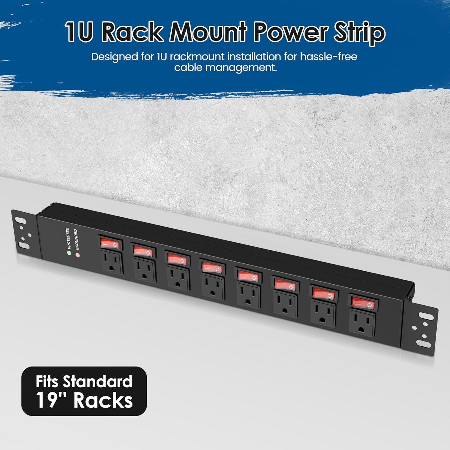 Rack Mount Power Strips,8 Outlet Strips Surge Protector with Individual Switches, PDU Power Strip for Server Racks, 14AWG Heavy-Duty Braided Extension Cord,2700J,15A 125V 1875W (6 FT Cable)