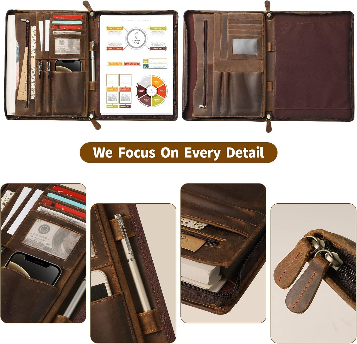 Ringsun Genuine Leather Portfolio with Zipper, Business Organizer for A4/Pad/Phone, Brown, RS63