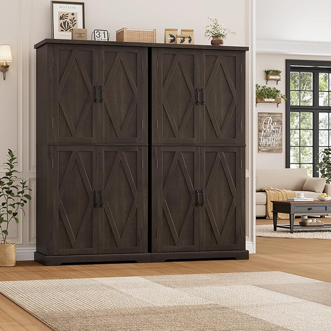 HOSTACK 64" Tall Pantry Cabinet, Modern Farmhouse Kitchen Pantry, Wood Bathroom Storage Cabinet, Large Bookcase, 4 Doors|Adjustable Shelves, for Dining Room, Living Room, Home Office, Dark Brown