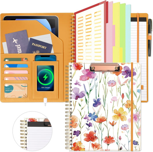 Clipboard with Storage for Men Women, Leather Padfolio Portfolio Organizer 5 Folders with 10 Pockets, Spiral Clipboard Folio with Notepad for Letter Size, Elastic Closure and Pen Loop Flowers