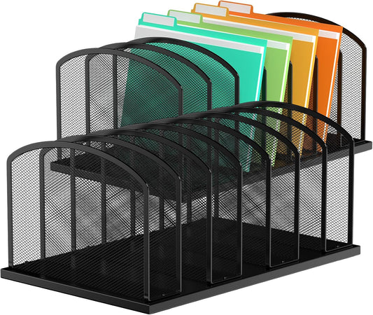 Desk File Organizer 7 Sections Upright Mesh File Sorter Organizer for Desk, Office Organization File Holder for Home, Office & Classroom (Black, 2Pack)