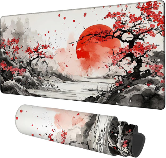 Large Mouse Pad Ink Painting Gaming Desk Pad Computer Keyboard Non-Slip Waterproof Mouse Mat with Rubber Base and Stitched Edges Entertainment Office Writing Desk Mat 35.4 x 15.7 Inches