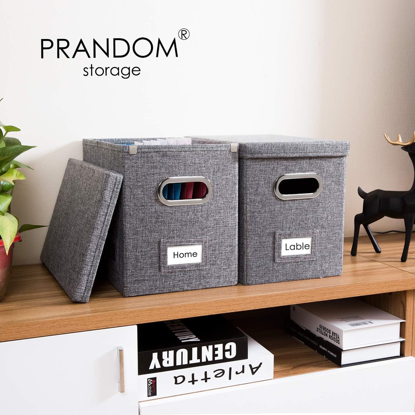PRANDOM File Organizer Box - Set of 2 Collapsible Decorative Linen Filing Storage Hanging File Folders with Lids Office Cabinet Letter Size Grey (14x9.3x10.8 inch)