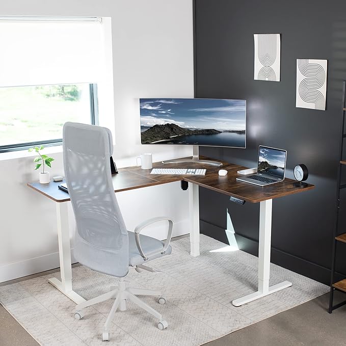 VIVO Electric Corner L-Shaped 63 x 55 in Rustic Standing Desk, Memory Height Adjustment, Vintage Brown Top White Frame, DESK-E3CTWN