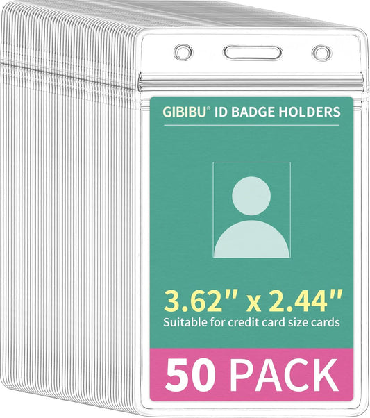 50 Pcs Vertical ID Badge Holder, Clear Plastic Card Sleeve, Nurses Work Name Tag Holders, Key Cover Protector with Waterproof Zip for Lanyard, Fits Credit Size Cards