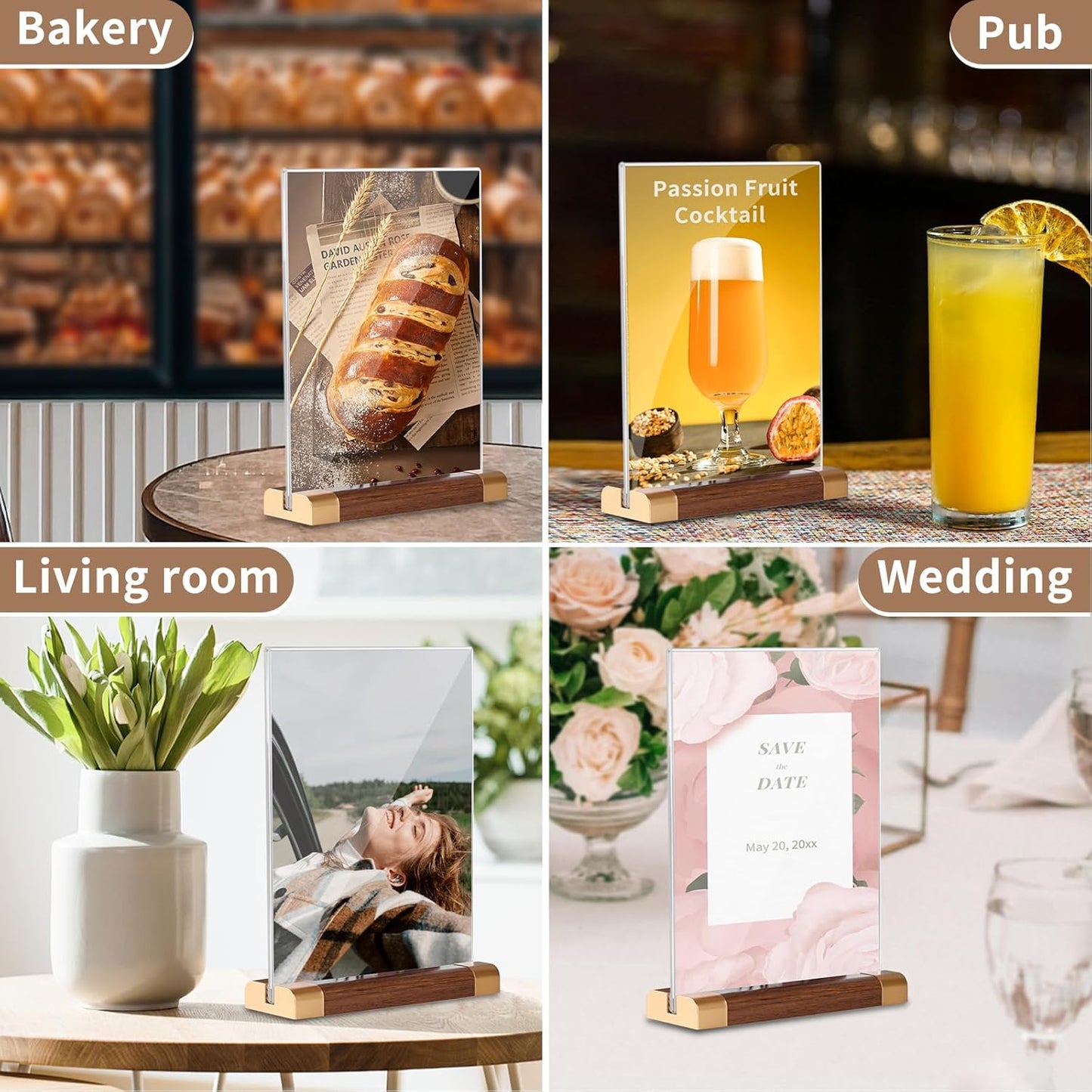 Acrylic Sign Holder 4"x 6" with Wood-Color Base, Mini Tabletop Double-Sided Display Sign Frame Vertical Clear for Store/Coffee Shop/Restaurant Menu Hotel/Office Display Holder, 3 Pack T Shape