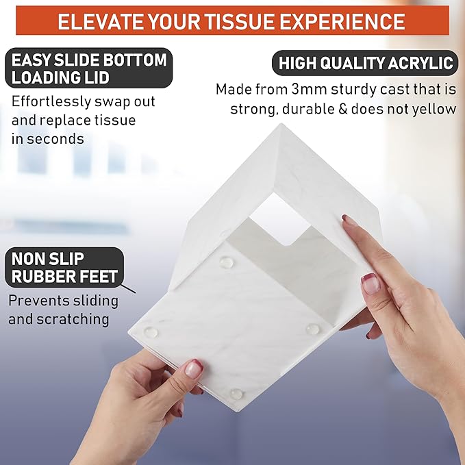 Acrylic Tissue Box Holder, Square Dispenser for Facial Tissues, Napkins, and Dryer Sheets. Perfect for Bathrooms, Desks, Countertops, Vanities, Bedrooms, and Nightstands (Square, Marble)