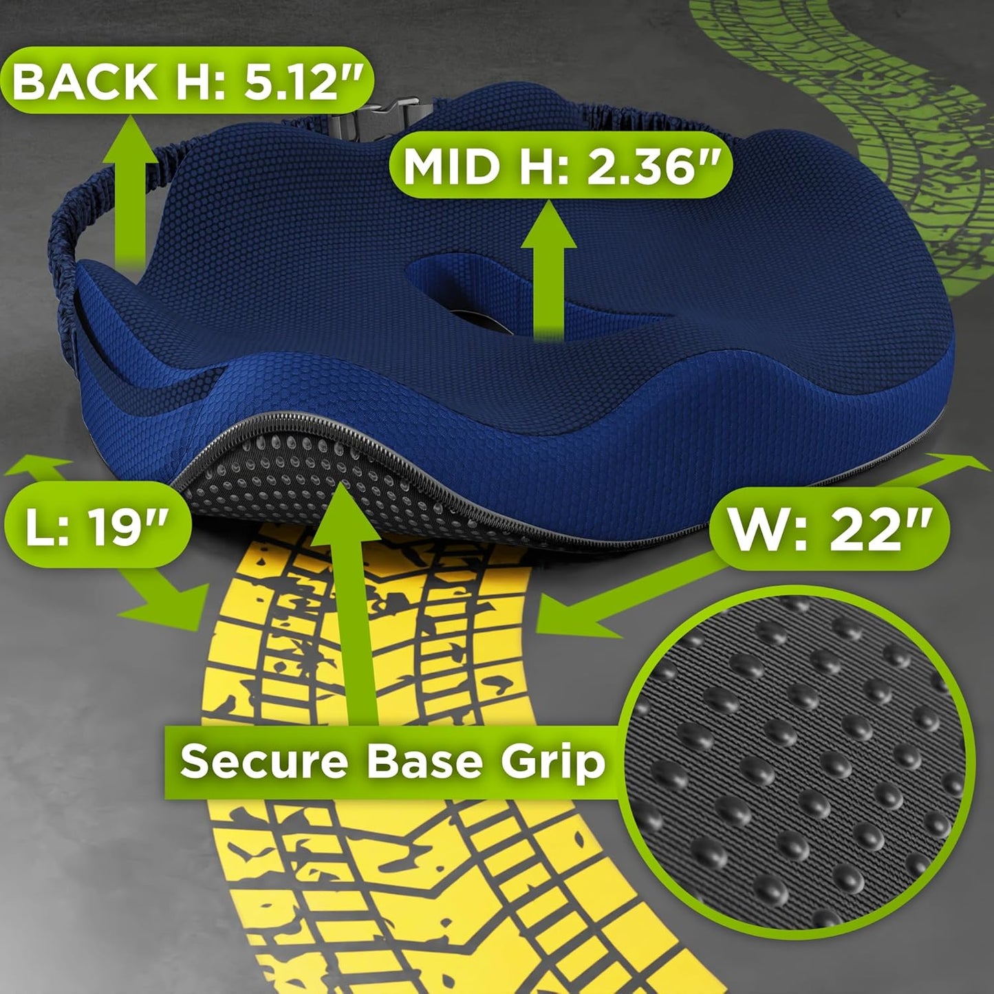 XL Truck Seat Cushion for Truck Driver Seat Cushion - Upgraded Back Support, CertiPUR-US® Certified - Thick Memory Foam, Pain Relief for Hours of Driving, Trucker Approved Big Rig - Navy