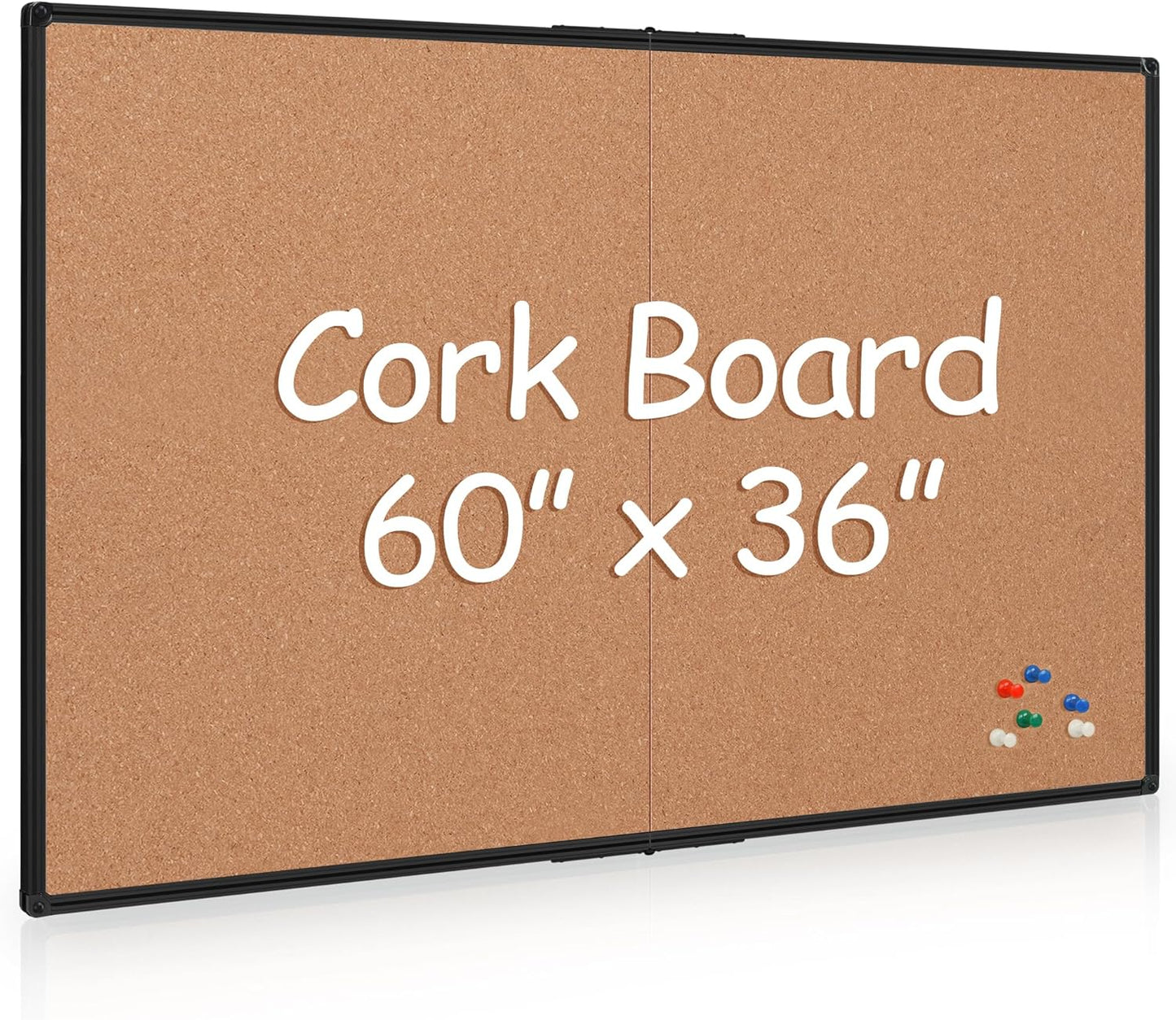 Board2by Extra Large Cork Bulletin Board 60" X 36", Foldable Notice Pin Board for Wall, Black Aluminum Framed 5'x3' Corkboard, Wall Mounted Noticeboard with 36 Push Pins for School, Home & Office