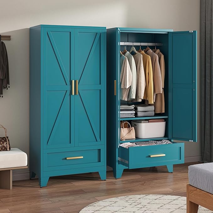 71" Tall Metal Wardrobe Cabinet with Drawer and Hanging Rod, 2 Doors Armoire Wardrobe Closet with Shelf for Bedroom, Office, Laundry Room, Blue