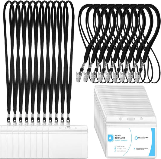 Marspark 100 Sets Clear Name Tags with Lanyard, Lanyards for ID Badges Reusable Strap with ID Holder Plastic Name Badges for Adults Business School Church Conference (Black)