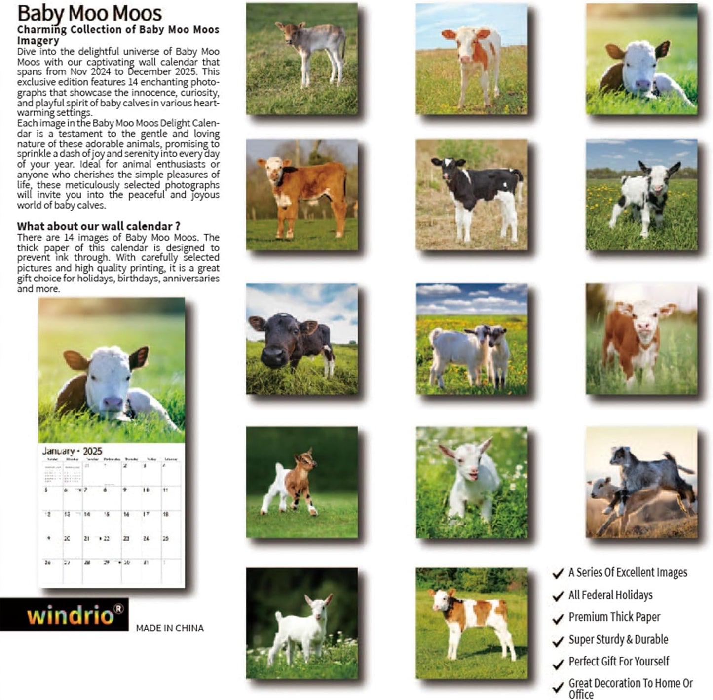 2025 Wall Calendar,Calendar 2025, January 2025 - December 2025, Wall Calendar Baby Moo Moos, 12" x 24" Opened,Full Page Months Thick & Sturdy Paper for Calendar Organizing & Planning