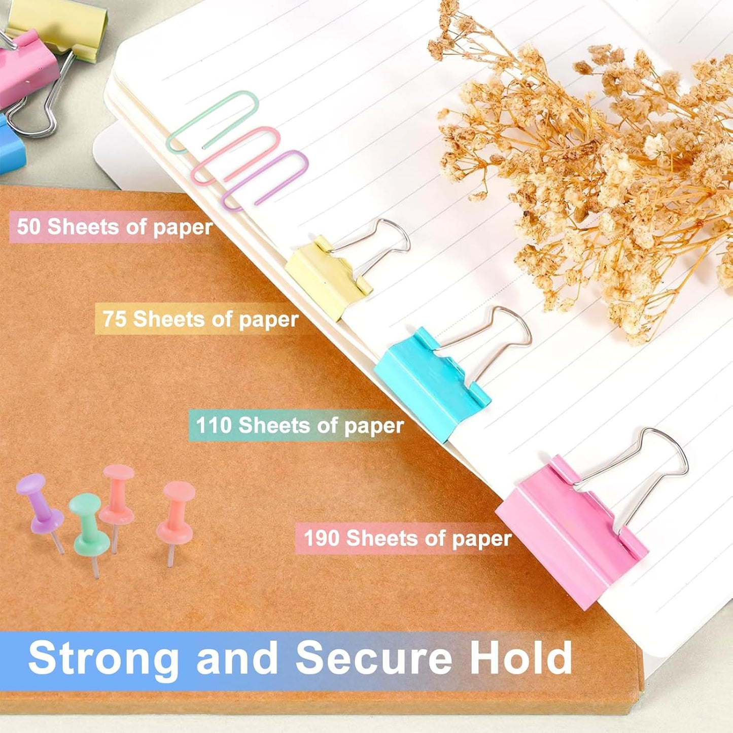 Paper Clips and Binder Clips Assorted Sizes, 240 PCS Colored Office Clips Set Large Medium Small Paper Clamps Paperclips Push Pin Thumb Tacks, College Supplies Home Office Supplies Document Organizing