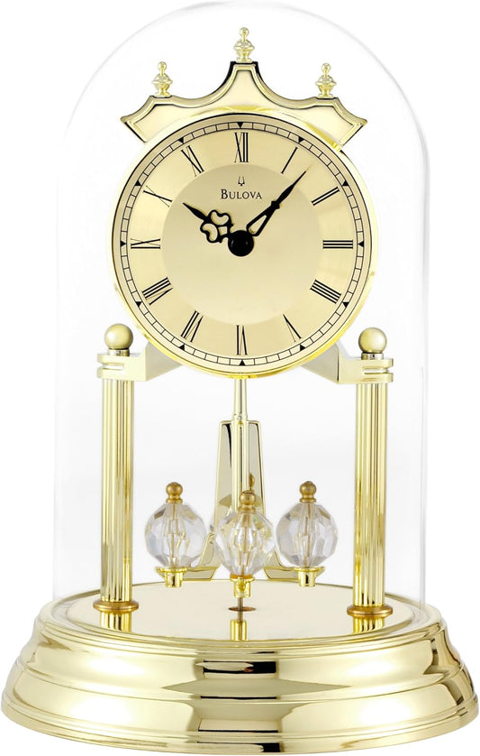 Bulova Tristan I Desk and Table Clock | Model B8818 | Polished Brass Finish | Polished Metal Base | Floating Dial | Roman Numerals | Elegant Pendulum Design