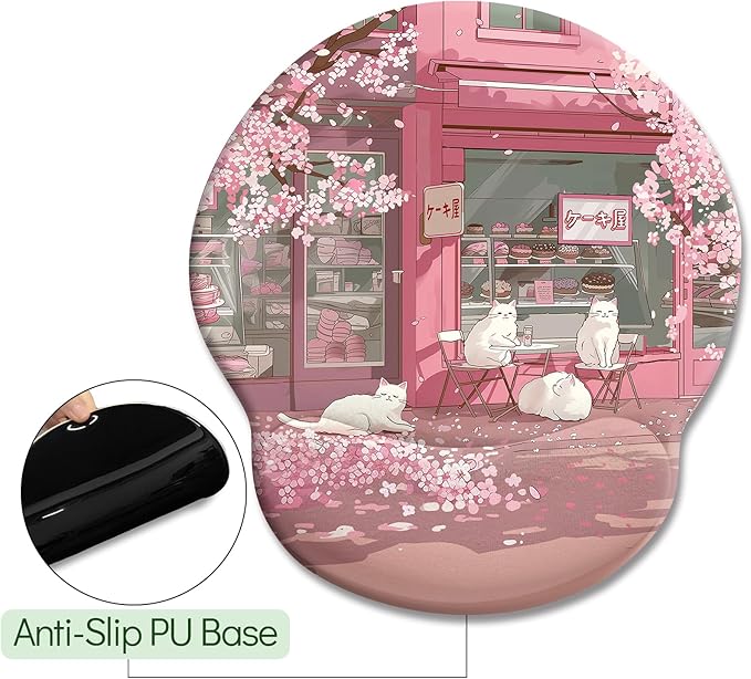 Cat Ergonomic Mouse Pad with Wrist Rest, Pink Cherry Blossom Computer Mouse Pad Wrist Support with Non-Slip Pain Relief PU Base, Cute Office Desk Decor Accessories Japanese Dessert House