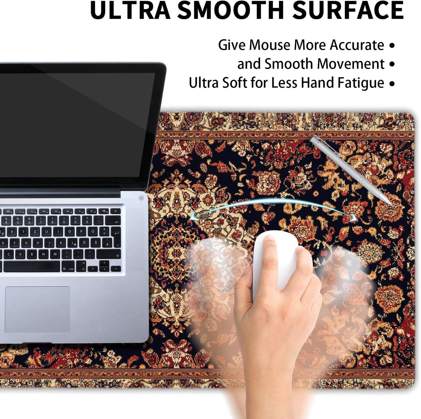 Vintage Rug Gaming Mouse Pad XL Dark Brown Retro Carpet Aesthetic Extended Large Mat Mousepad Desk Pad Non-Slip Rubber Base Stitched Edge Flower Keyboard Pad Playmat for Computer,20x14 Inch,60x35cm