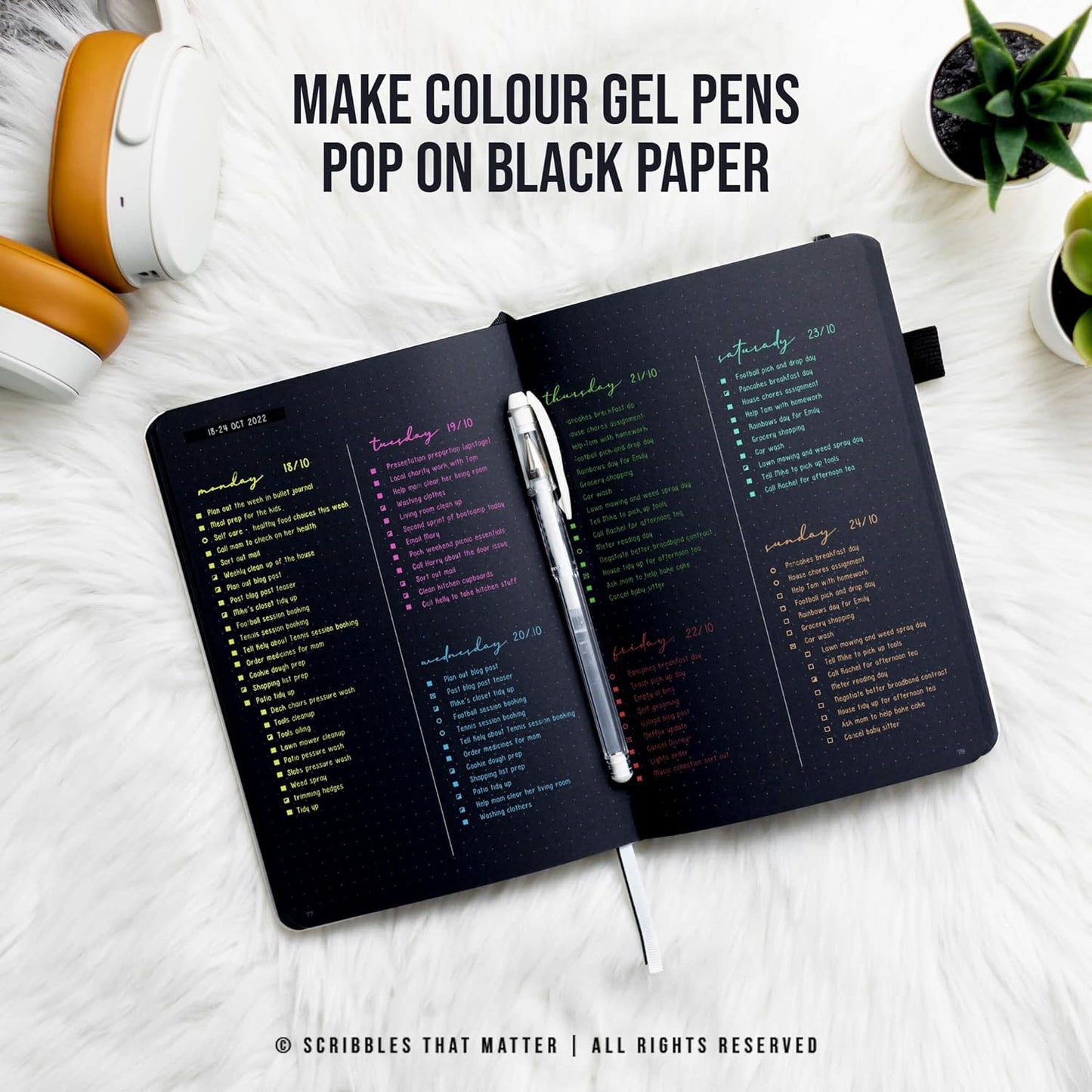 Black Paper Bullet Dotted Journal Notebook | A5 Starry Night by Scribbles That Matter | Free white gel pen | 160gsm Blackout no-bleed dot grid paper | For Men and Women | 5.75 x 8.5 in | White