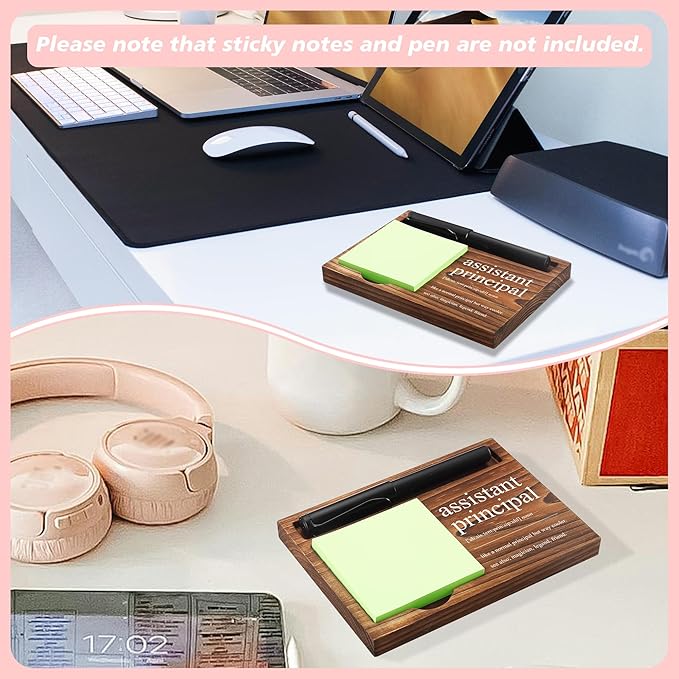 CINRLLA Assistant Principal Sticky Note Holder Wooden Notepad & Pen Holder 6.5"" x 4.7"" Sticky Note Pad Holder Dispenser for Desk Assistant Principal Definition Work Gifts, NPA187, Brown