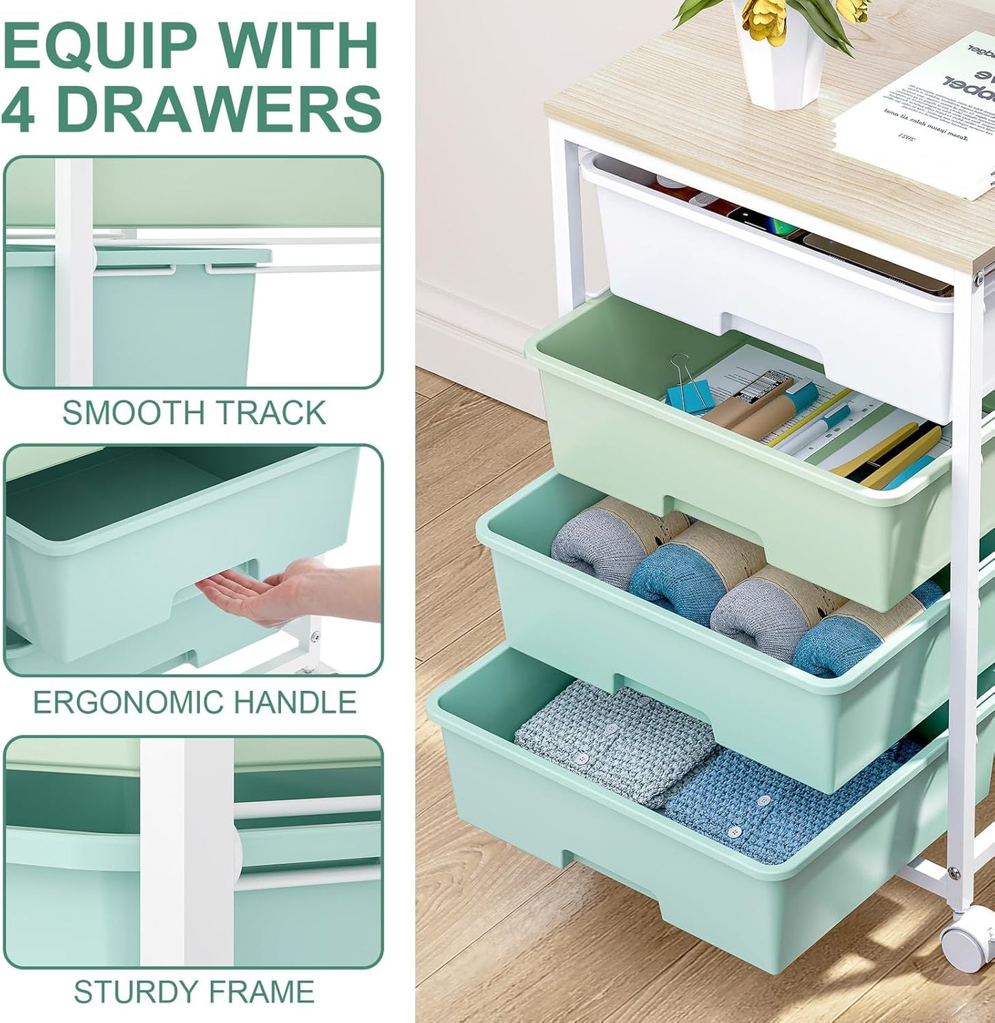 Utility Cart with 4 Drawers,Rolling Storage Cart with Drawers,Storage Rolling Drawer Cart with Wooden Tabletop for Bedroom,Kid's Room,Dorm,Classroom,Office,Green