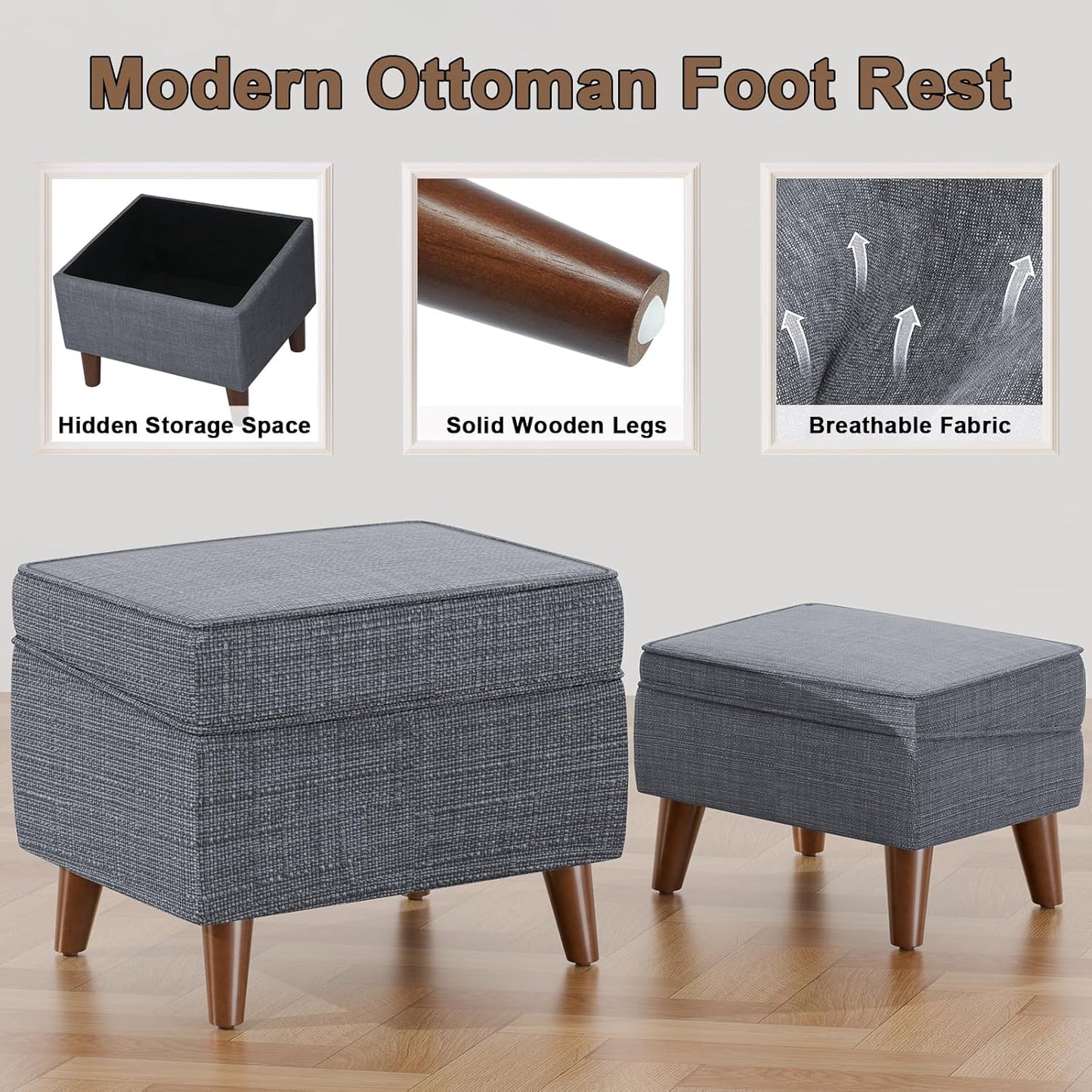 Storage Ottomans with Adjustable Cover, BOGO, Step Stool, Footrest and Seat, Ottoman Foot Rest Set for Living Room, Bedroom, Dorm, Light Gray