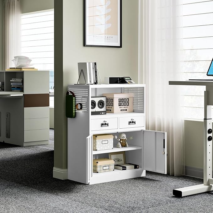 Yizosh Locking Cabinet with 2 Drawers, Metal Storage Cabinet with Locking Doors and Shelves - 41.3" Steel Lockable Storage Cabinet, Metal Cabinet for Home Office, Garage, School (White)