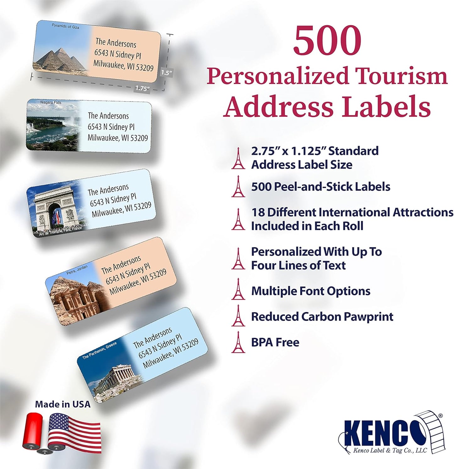 Customized Personalized Address Labels - Made in The USA by Kenco (500 Labels, World Destinations)