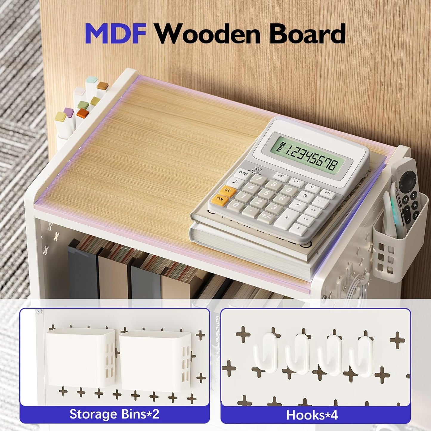 TOOLF 1-Drawer Mobile File Cabinet with Wheels, MDF Wooden Panel Printer Stand with Adjustable Shelves, 2 Storage Bins & 4 Hooks, Home Office Organization