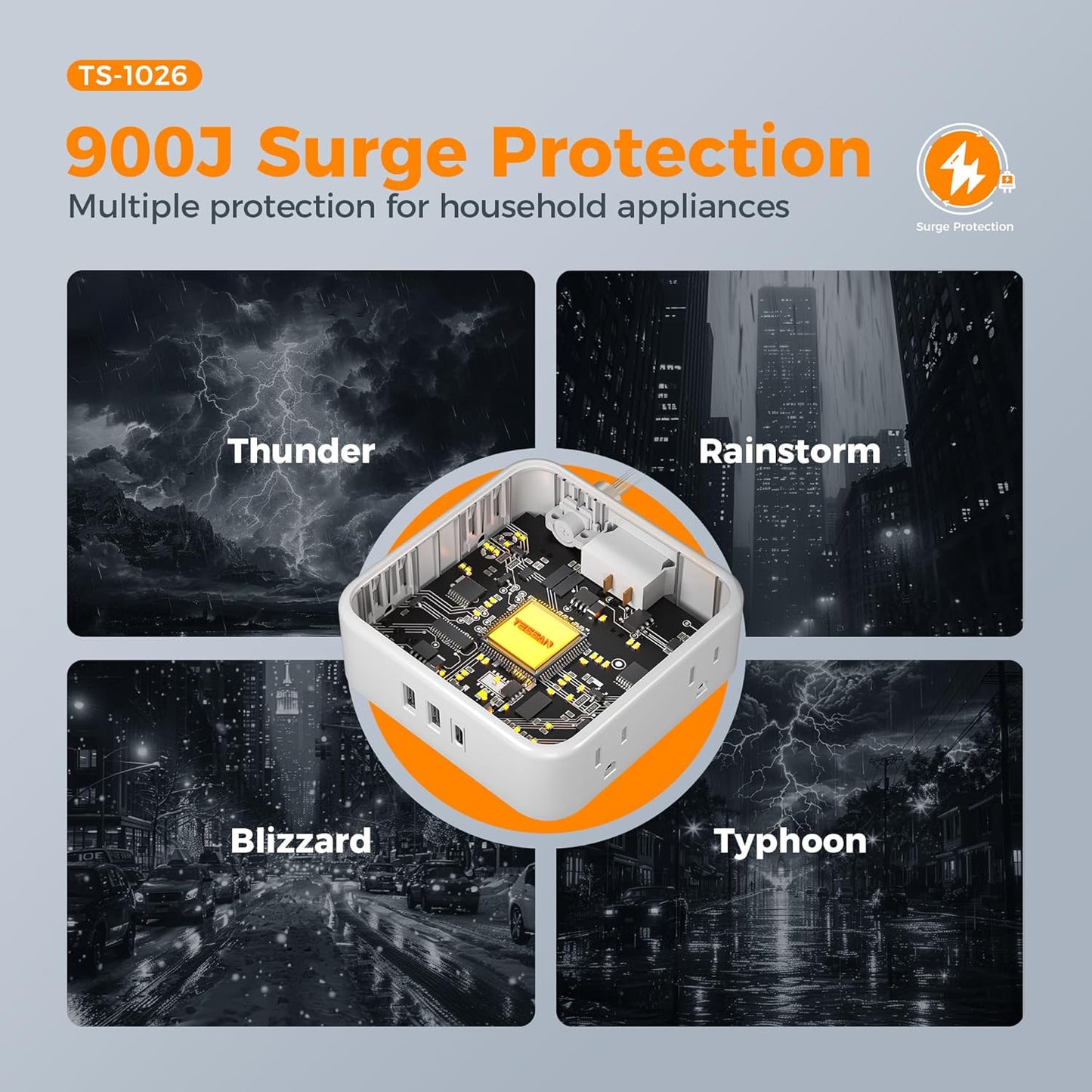 Surge Protector Power Strip Flat Plug, TESSAN Long Extension Cord 10 FT with 8 Outlets, 3 USB Ports(1 USB C), 3-Sided Outlet Extender, 900 Joules Protection, Desk Charging Station for Home, Office