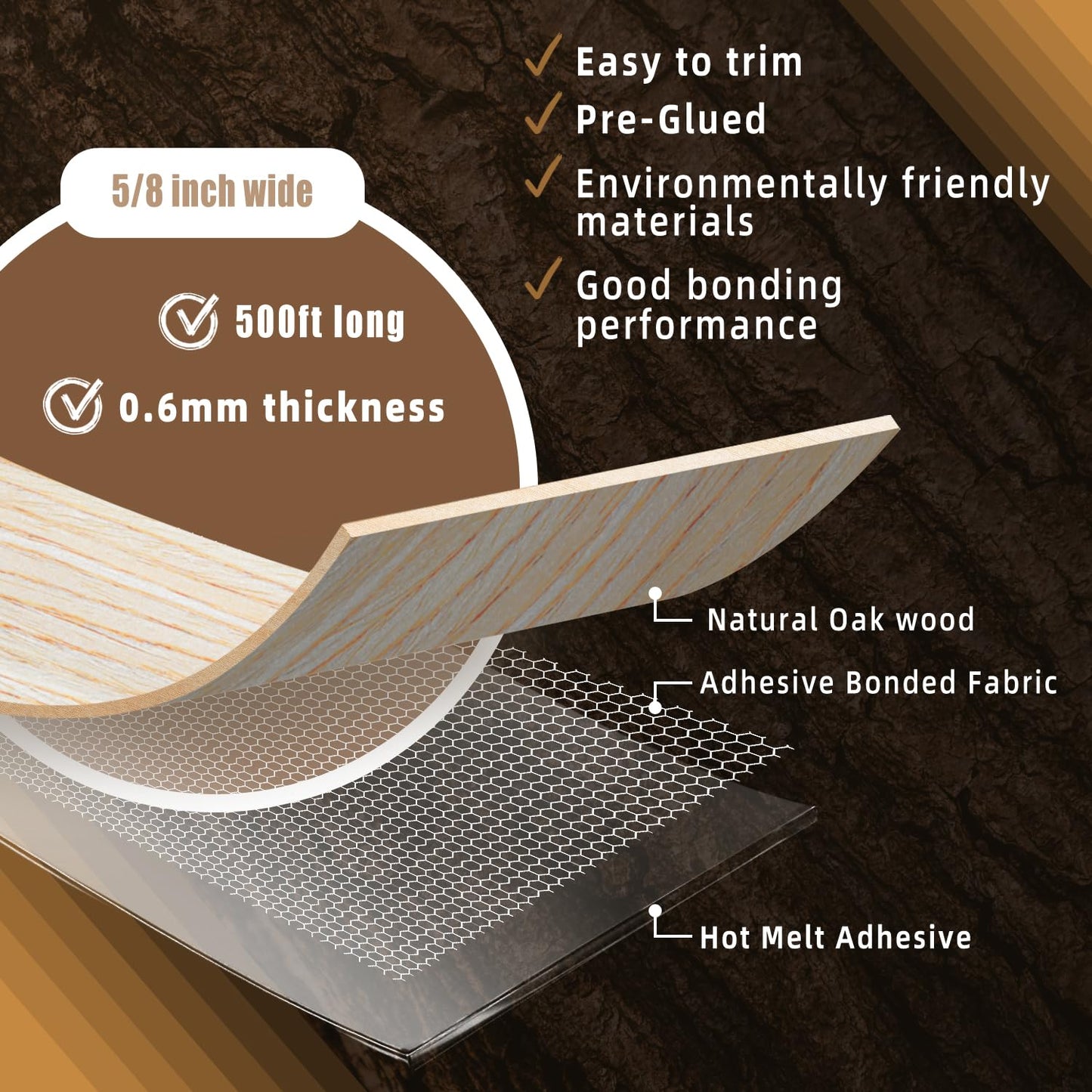 GSCIT Club Oak Edge Banding, 5/8 inch x 500ft roll of Veneer Edge Banding Preglued Flexible, Real Wood Tape Banding Plywood