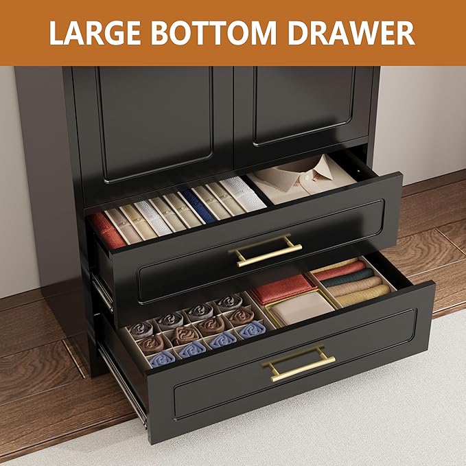 Metal Armoire Wardrobe Closet with Two Drawers, 71" Tall Large Wardrobe Cabinet with Hanging Rod, Clothing Storage Cabinet with Doors and Shelves for Bedroom, Black, Assemble Required