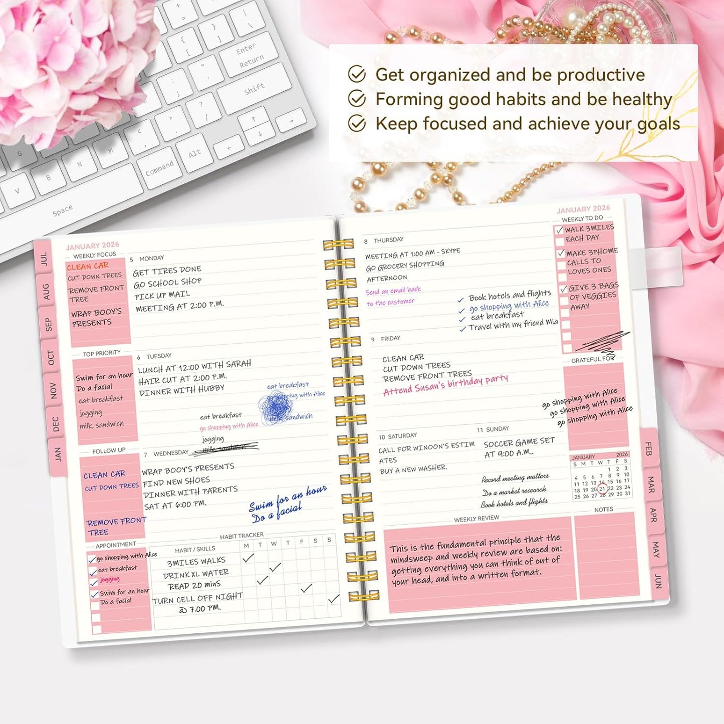 Academic Planner 2025-2026, Weekly and Monthly Planners for Women, Jul.2025 - Jun.2026, AIMPEAK Daily Calendar Planner for Teacher & Student, Monthly Tabs, Pink Marble, 7"x10"