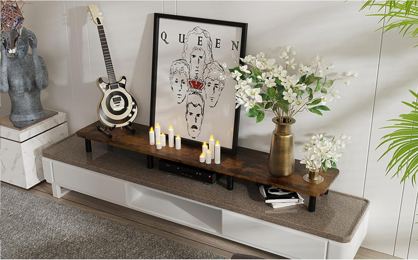 Dual Monitor Stand - 43.7 inch Extra Long Wide TV Stand - Wood & Steel Leg Desktop Riser - Desk Organization - Home Office (Vintage)