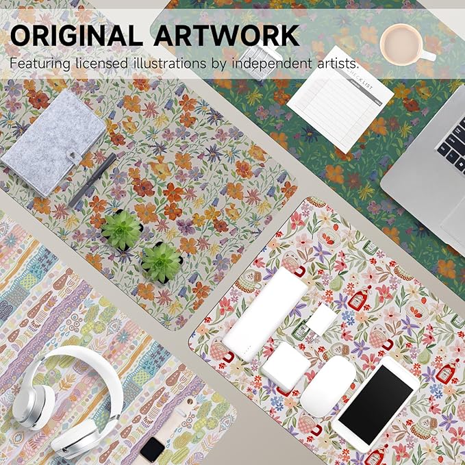 Botanical Floral Desk Pad Blotter,Large Mouse Pad 35 x 17in,PU Leather Desk Mat Writing Pad Protector, Non-Slip Waterprrof,Desktop Decor for Home Office Women Girls (Little Forest)