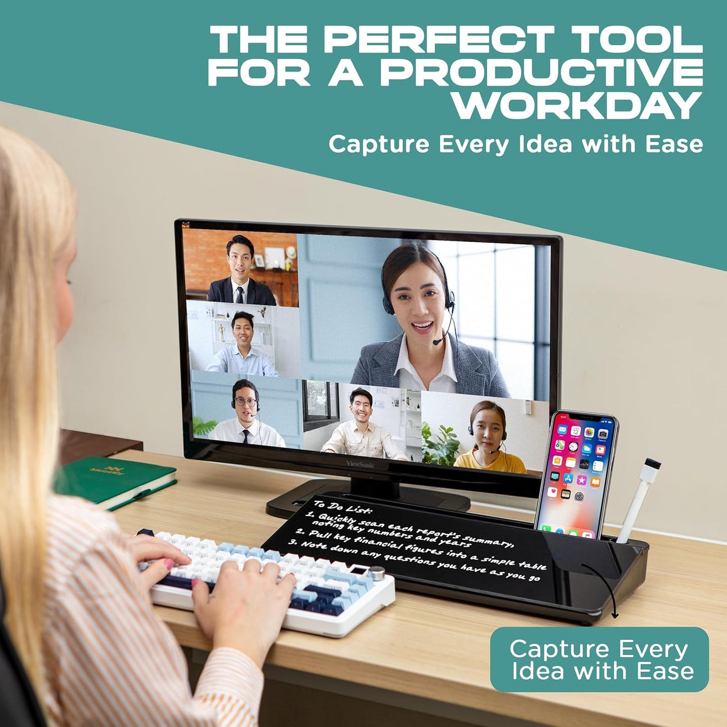 Glass Desktop Whiteboard for Quick Notes & Reminder – Desk Storage with Drawer – Compact Desk Organizer Whiteboard – Small Dry Erase Board - Desktop Accessories for Home Office (Black)