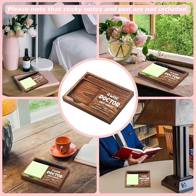 CINRLLA Doctor Sticky Note Holder Wooden Notepad & Pen Holder 6.5"" x 4.7"" Sticky Note Pad Holder Dispenser for Desk Doctor Work Humor Gifts, NPA191, Brown