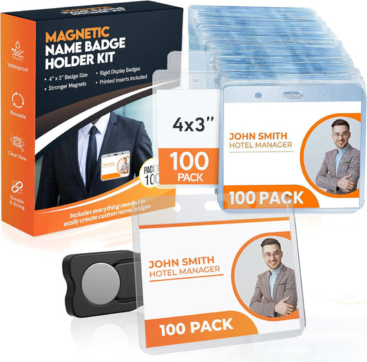 100 Pack of 4x3 Magnetic Name Badge Holders (White Printable Inserts Included) Customizable Magnetic Name Tags for Office, Conventions, School, and Events - Durable and Clear Plastic Name Tag Holder