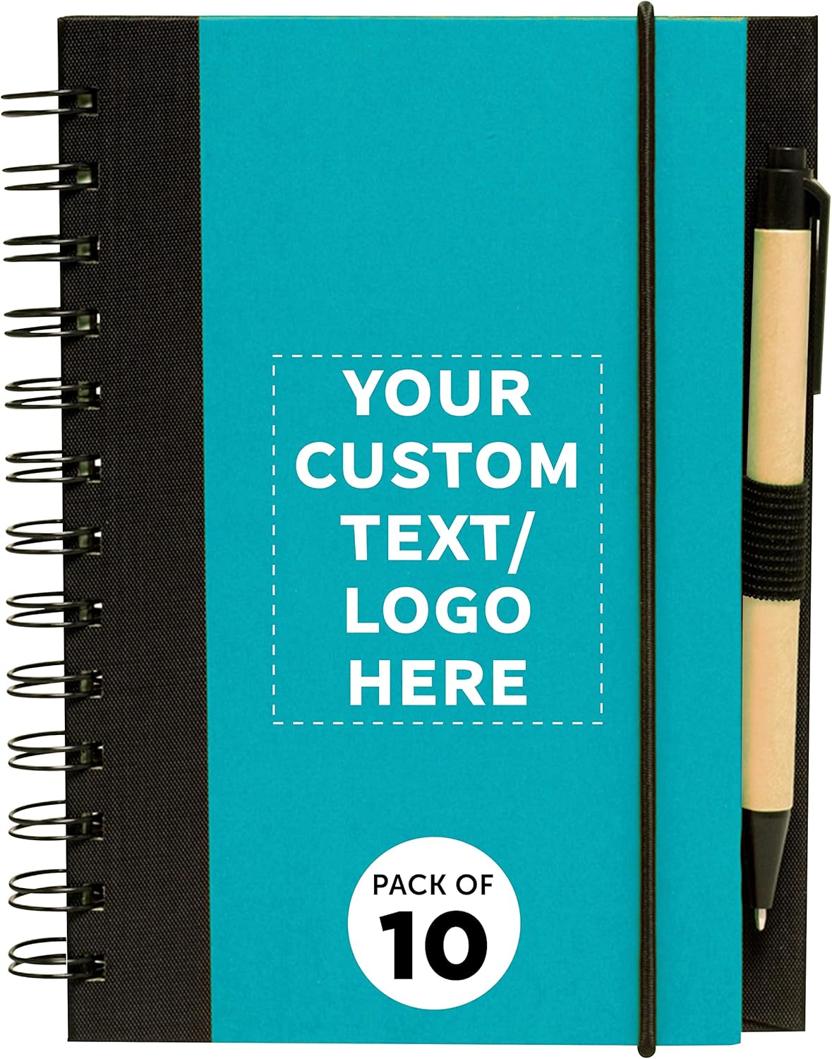 DISCOUNT PROMOS Custom Eco Block Notebooks with Pens Set of 10, Personalized Bulk Pack - Perfect for School, Office, Business, Home - Aqua
