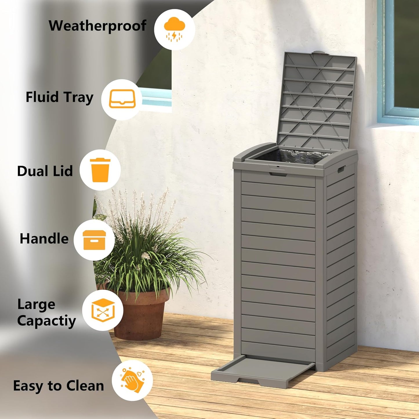 Outdoor Trash Can, 31 Gallon Garbage Can with Tiered Lid and Drip Tray, Waterproof Resin Patio Waste Bin for Garden, Backyard, Deck