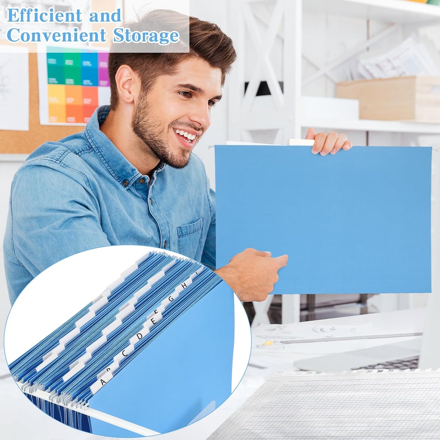 gisgfim 25 Pack Reinforced 11x17 Hanging File Folders 1/5 Cut Heavy Duty Hanging File Folders with Plastic Tabs & Label Cards Expanding Hangers File Organizer for Drawing Engineering Document (Blue)