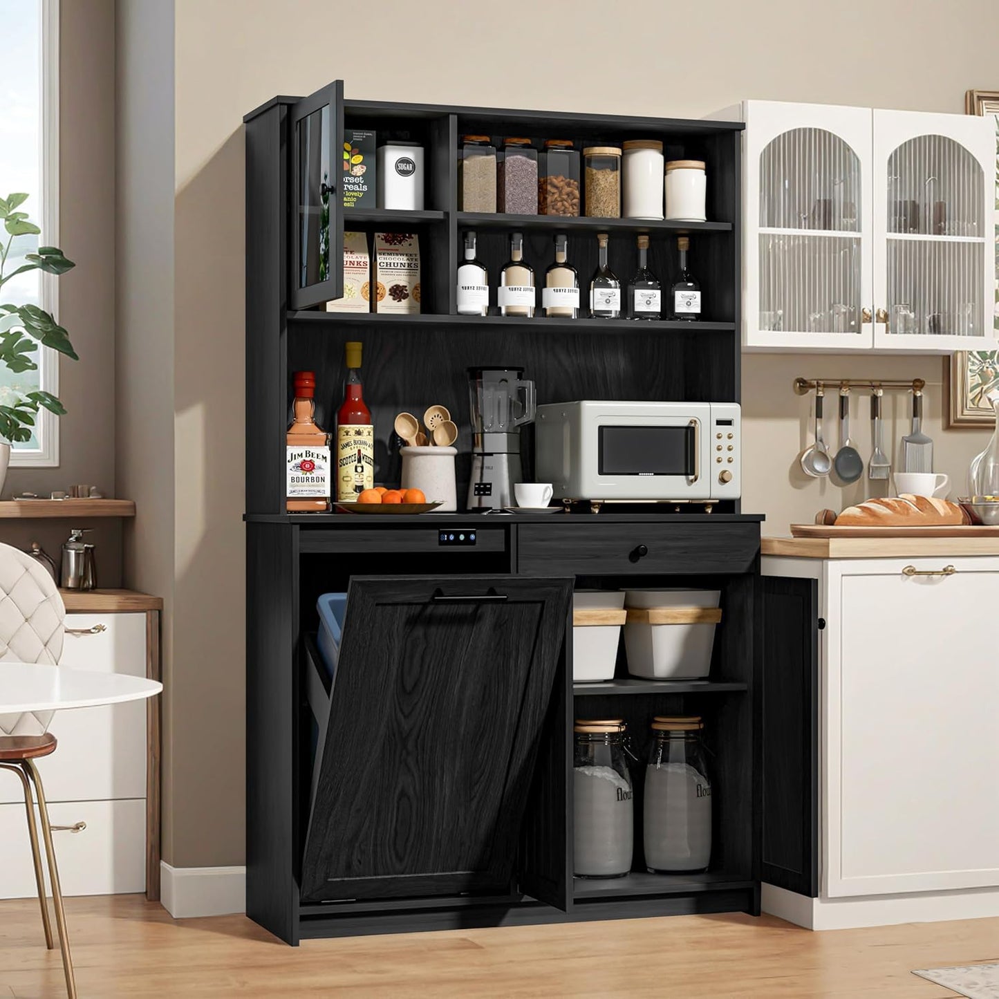 OLD CAPTAIN Tilt Out Trash Cabinet with Deodorising Function, Kitchen Hutch with Microwave Shelf and Drawer, Kitchen Pantry with Trash Cabinet for 10 Gallons, Black