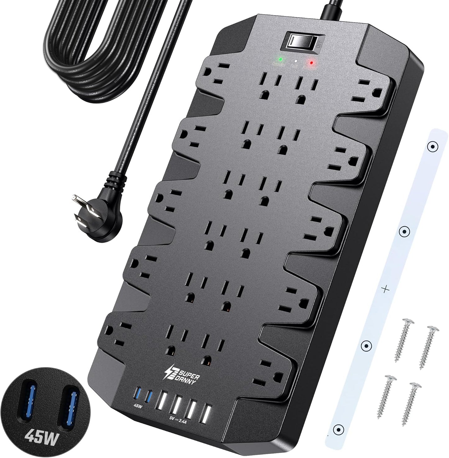 SUPERDANNY Power Strip Surge Protector with 15ft Extension Cord - 22 Outlets, 6 USB Ports, 45W Fast Charging - 1875W/15A, 2100J, 45°Plug, Mountable - Ideal for Home, Office, Gaming, PC, Streaming